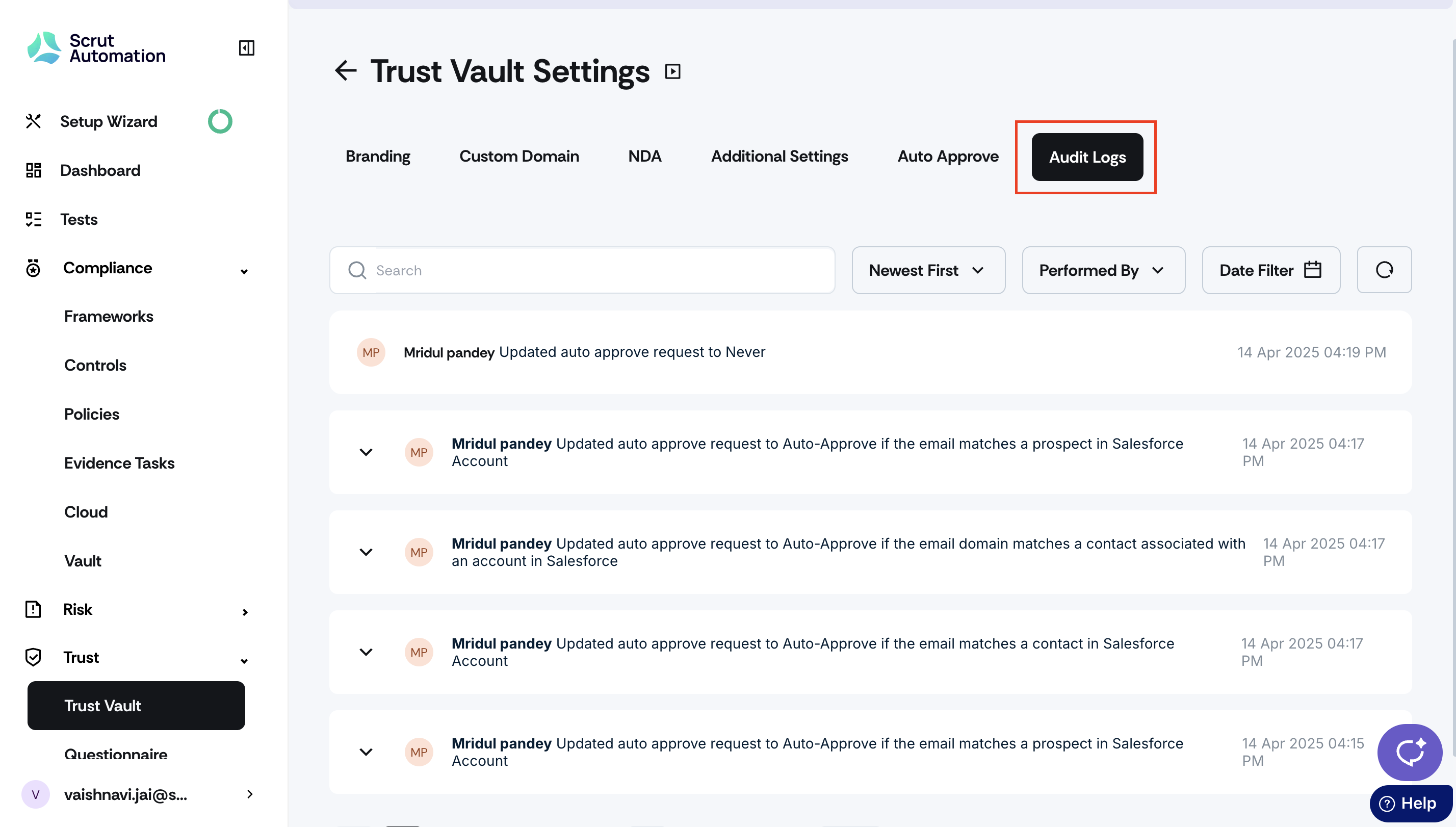 Trust Vault Settings -> Audit Logs